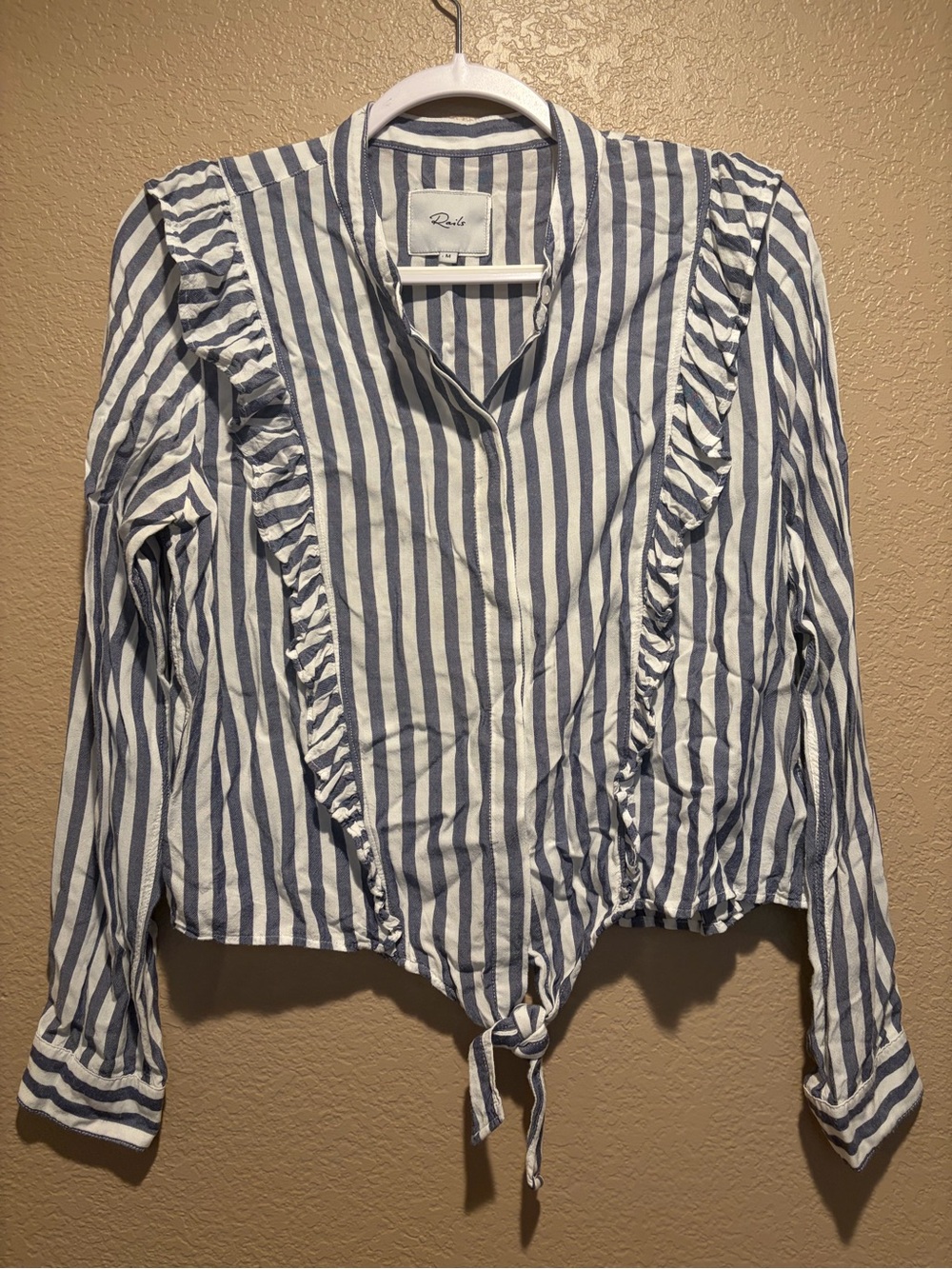 Rails Blue and White Striped Ruffle Tie-Front Shirt